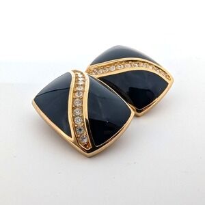 Christian Dior Vintage Navy Blue Rhinestone Wave Gold Tone Clip On Earrings